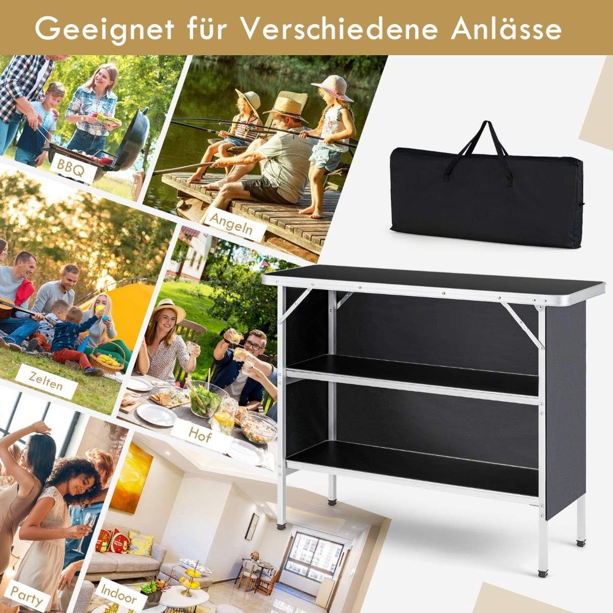 Hopfällbart campingbord i aluminium med hyllor – Bärbart och hållbart | Hem & Hobby | Pryloteket