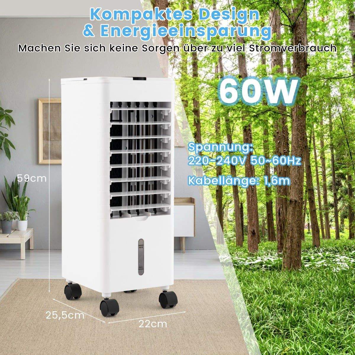 Bærbar 3-i-1 luftkøler – Ventilator, luftfugter, timer