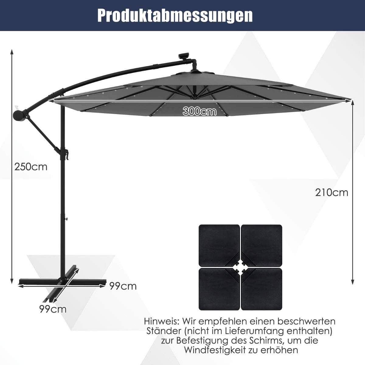 Solcellsparasoll 300 cm med LED-lampor, grå | Hem & Hobby | Pryloteket
