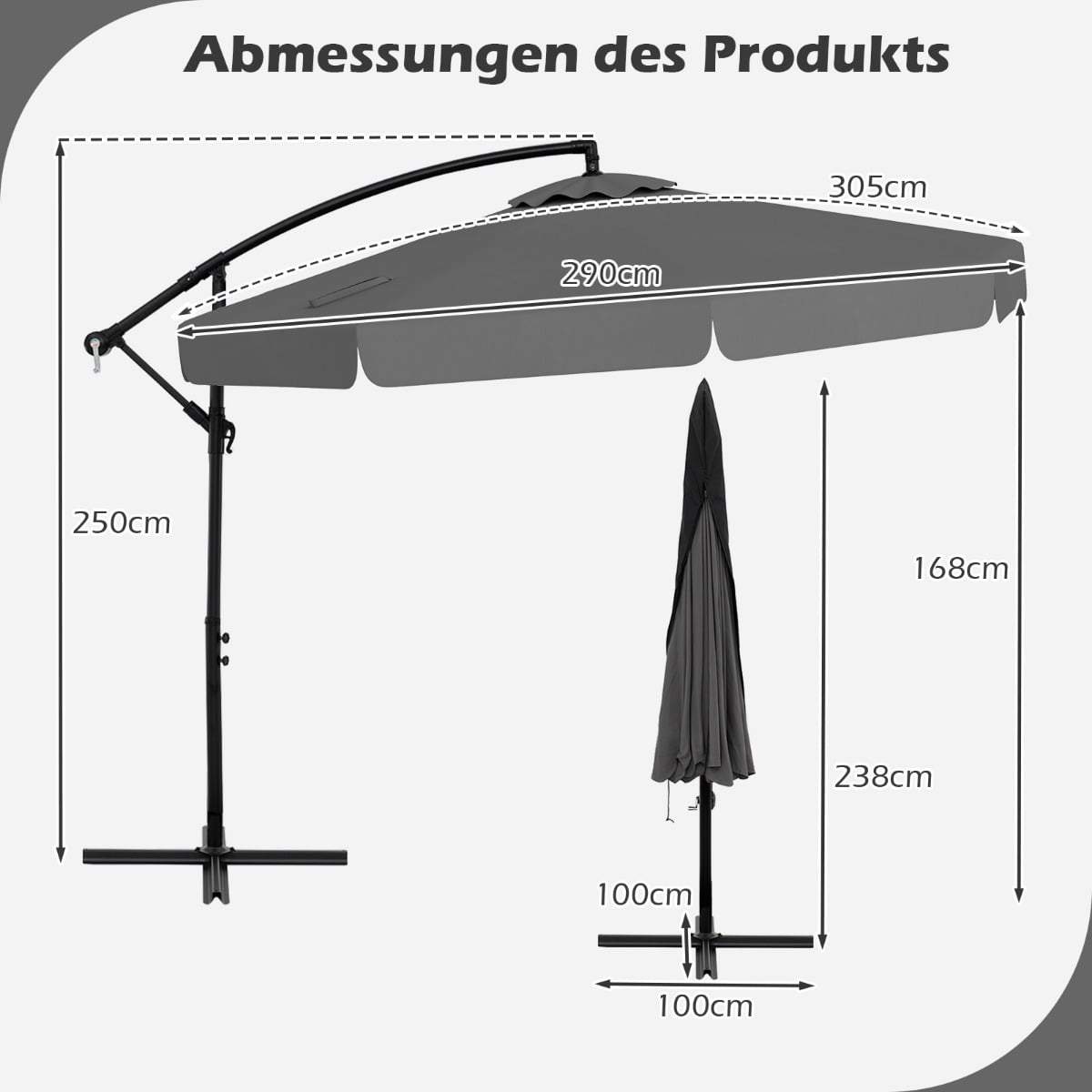 Offset terrasseparasol med håndsving – 305 cm, grå