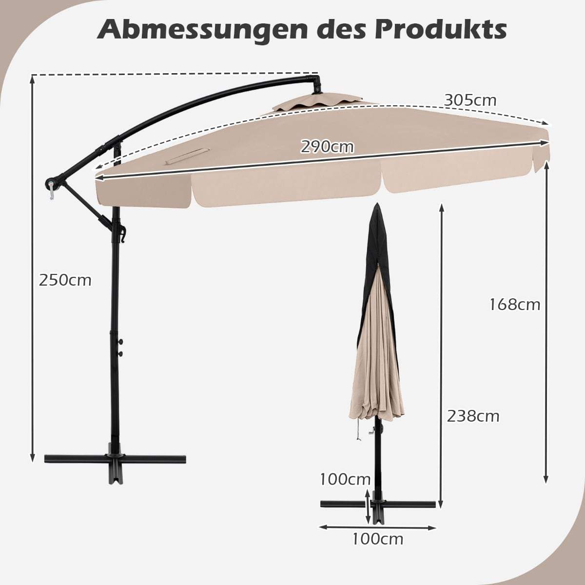 Offset terrasseparasol 305 cm med håndsving og låg