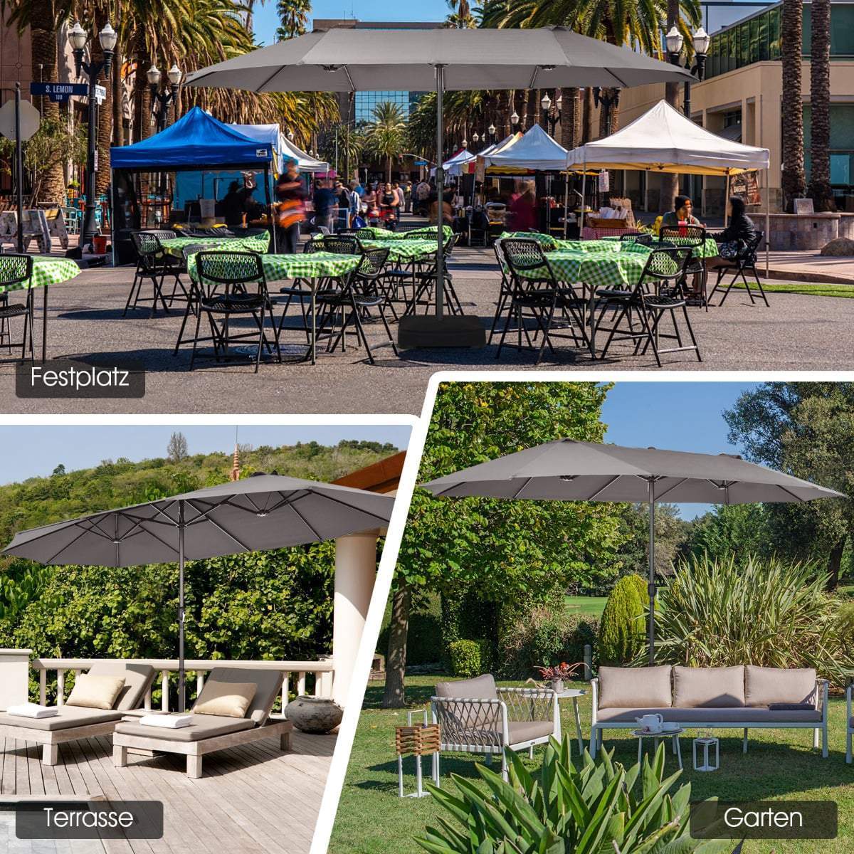 Stor dobbeltsidet markedsparaply – UV- og vandafvisende