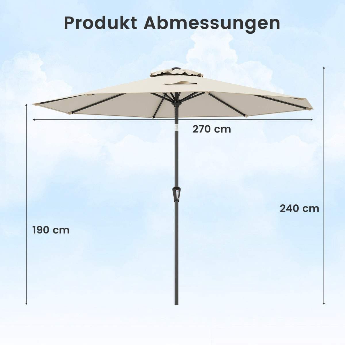 Stor beige terrasseparasol – 270 cm, vippe- og drejesystem