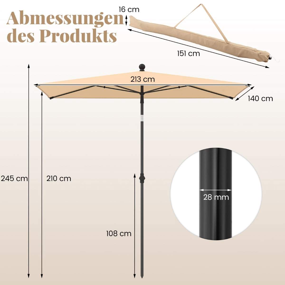 Rektangulær balkonparasol – beige, justerbar hældning