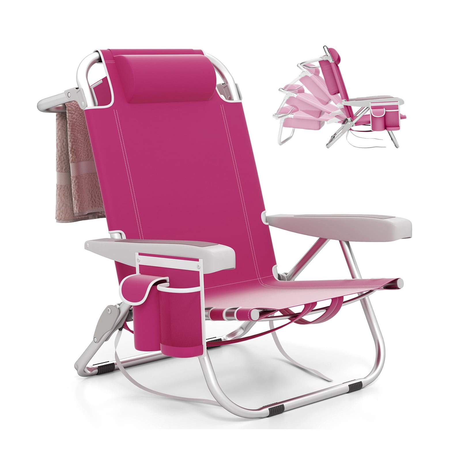 Sammenklappelig strandstol med justerbar ryglæn og lommer
