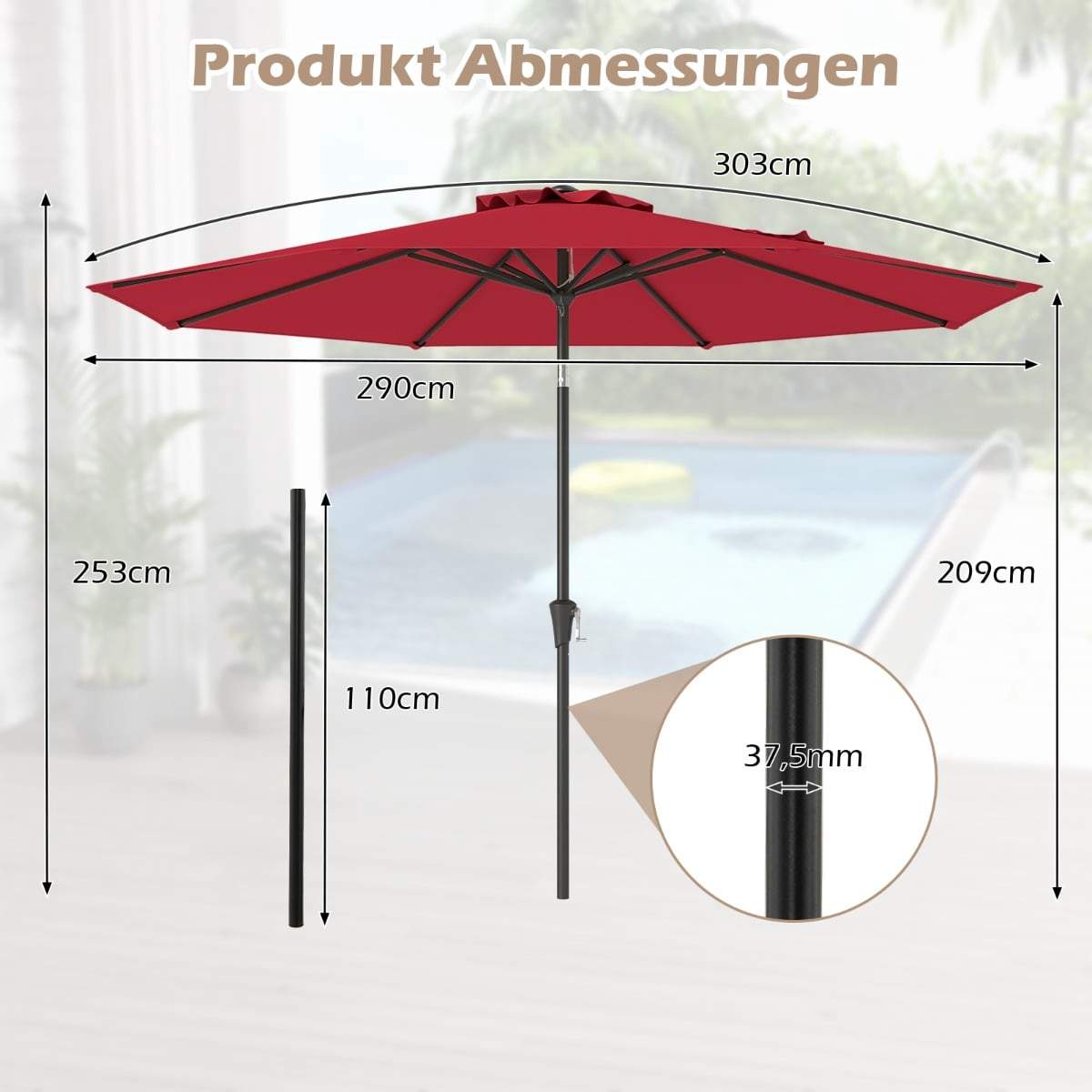Rød terrasseparasol – 300 cm, justerbar vippe- og drejefunktion