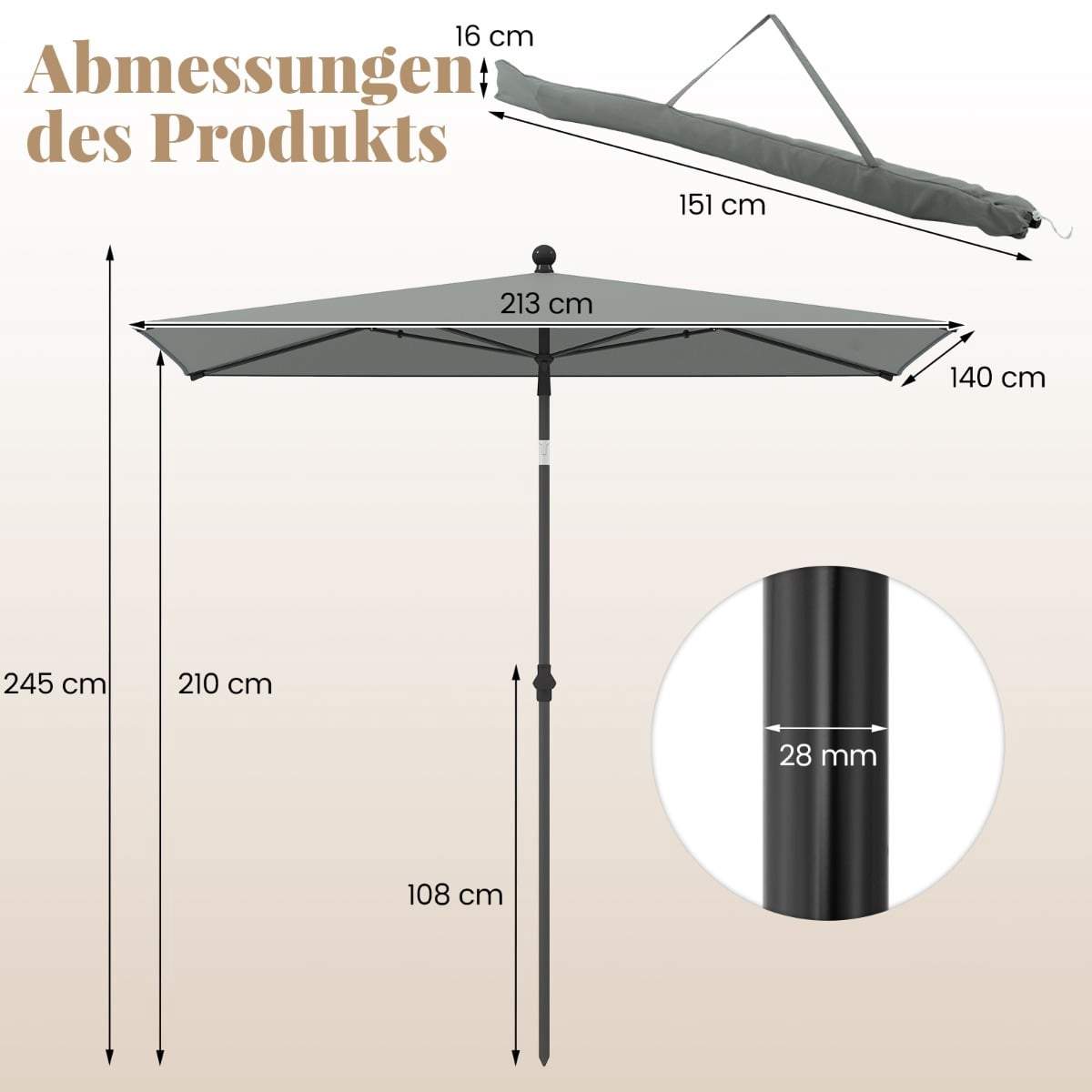 Rektangulær balkonparasol, 210x140 cm, grå, vippefunktion