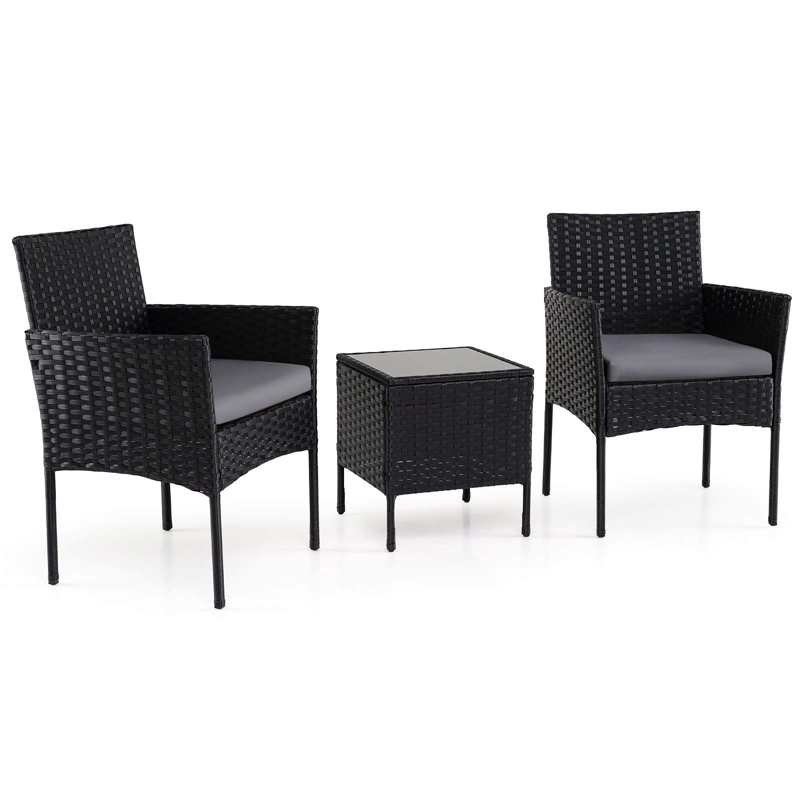 3-delt rattan terrassemøbelsæt – stole og glasbord, sort