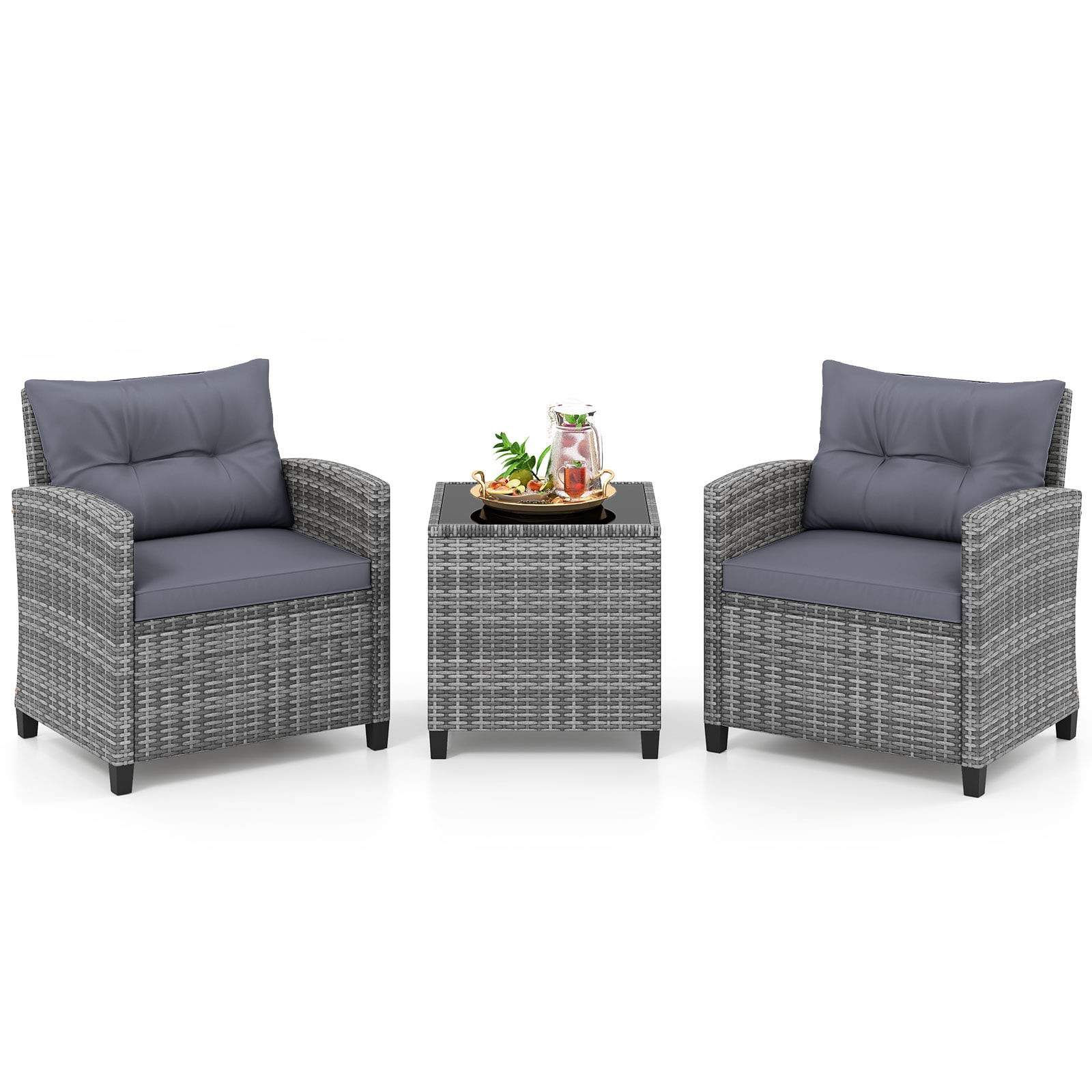 3-delat utemöblerset i rotting – stolar och glasbord, grå | Hem & Hobby | Pryloteket
