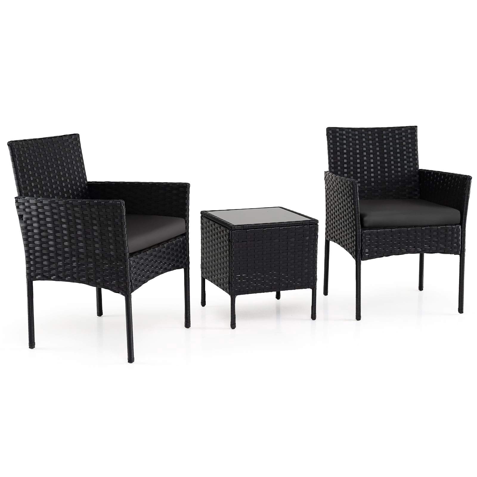 3-delt rattan terrassemøbelsæt – 2 stole og glasbord