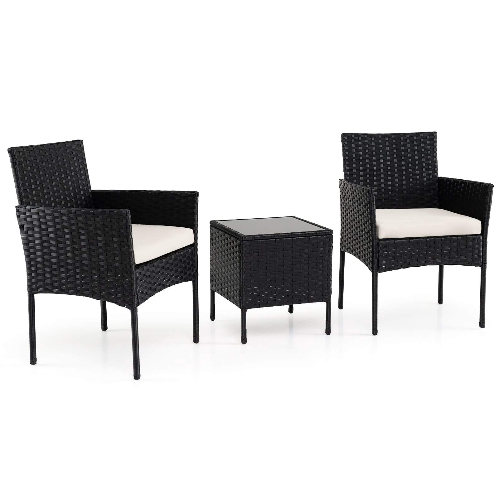 3-delt rattan terrassemøbelsæt – 2 stole og glasbord