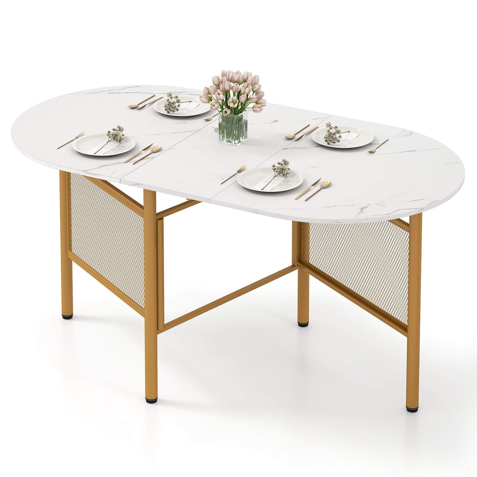 Sammenklappeligt spisebord til 6-8 personer, pladsbesparende, hvid og guld