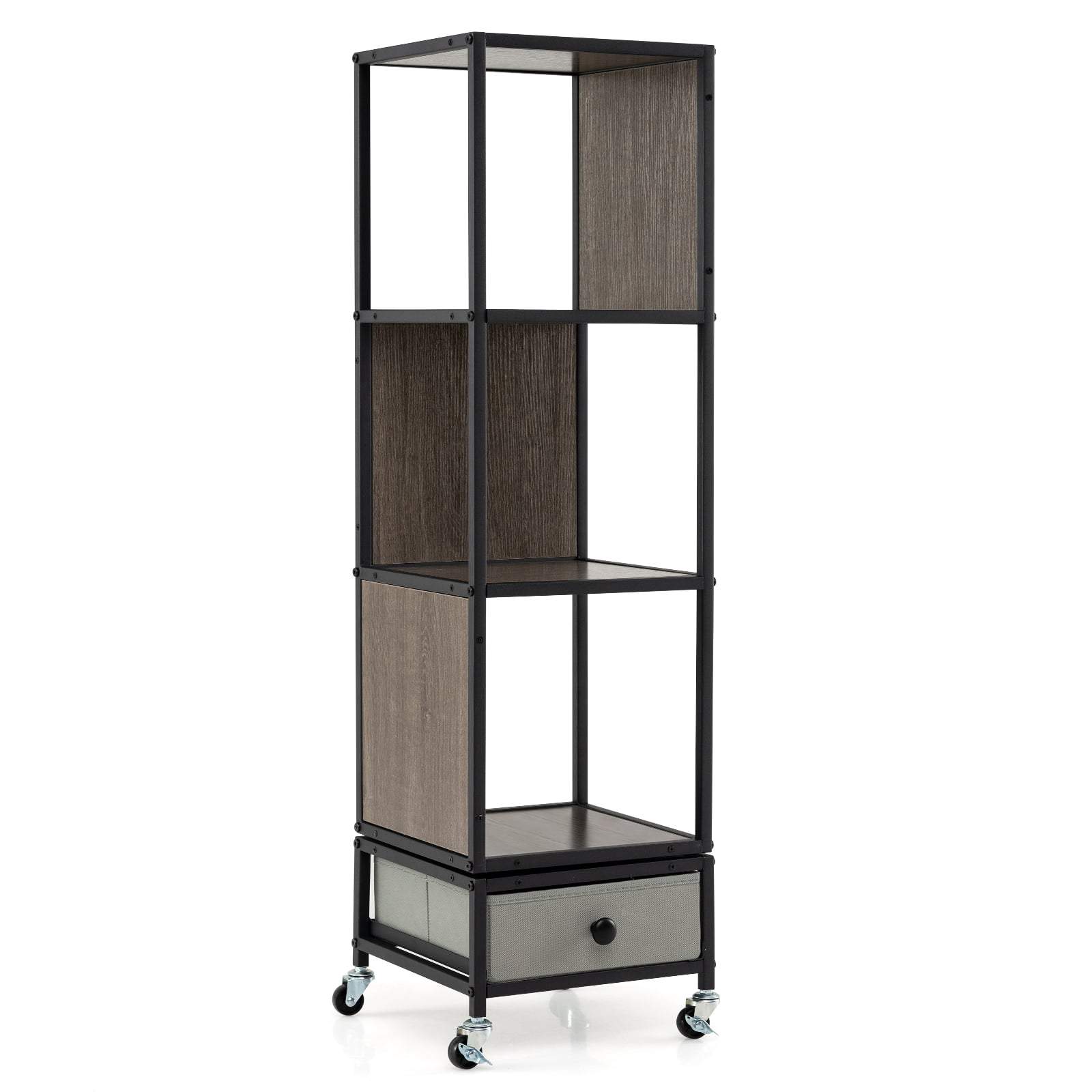 4-lags roterende bogreol med skuffe – grå, mobil og pladsbesparende