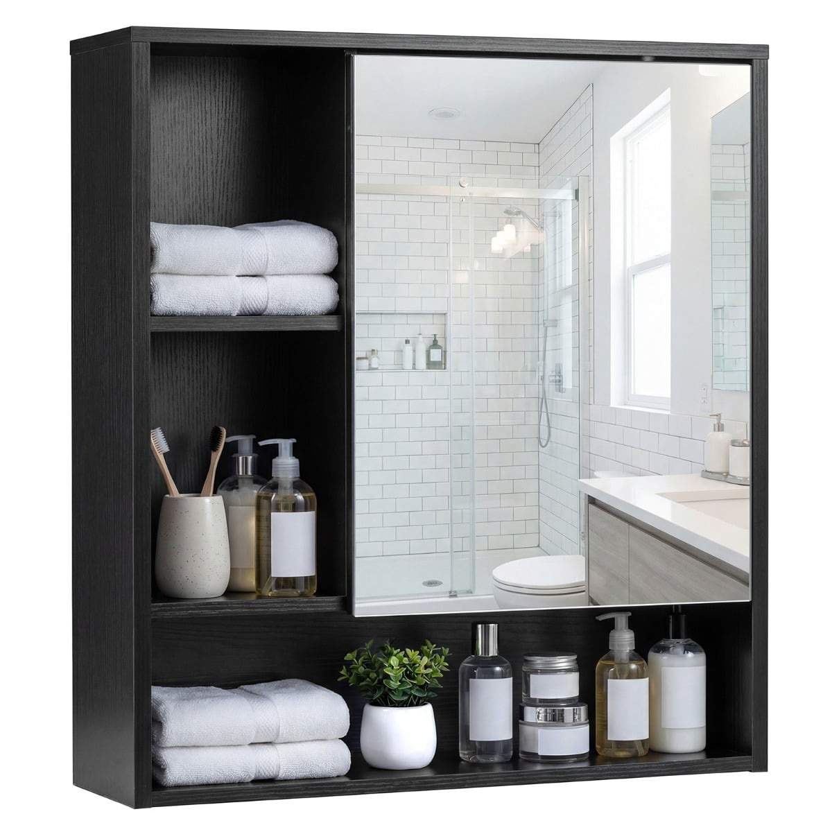 Spejlskab til badeværelse – sort, 3 åbne hylder, vægmontering