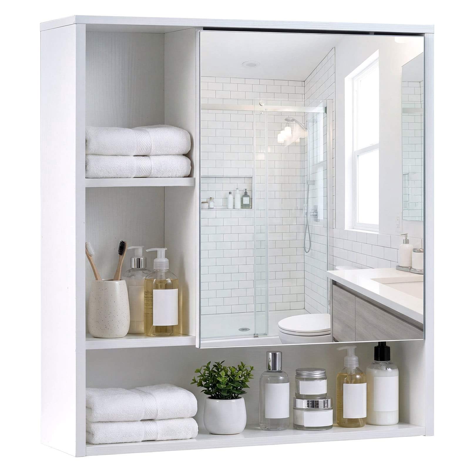Spejlskab til badeværelse med 3 åbne hylder – hvid