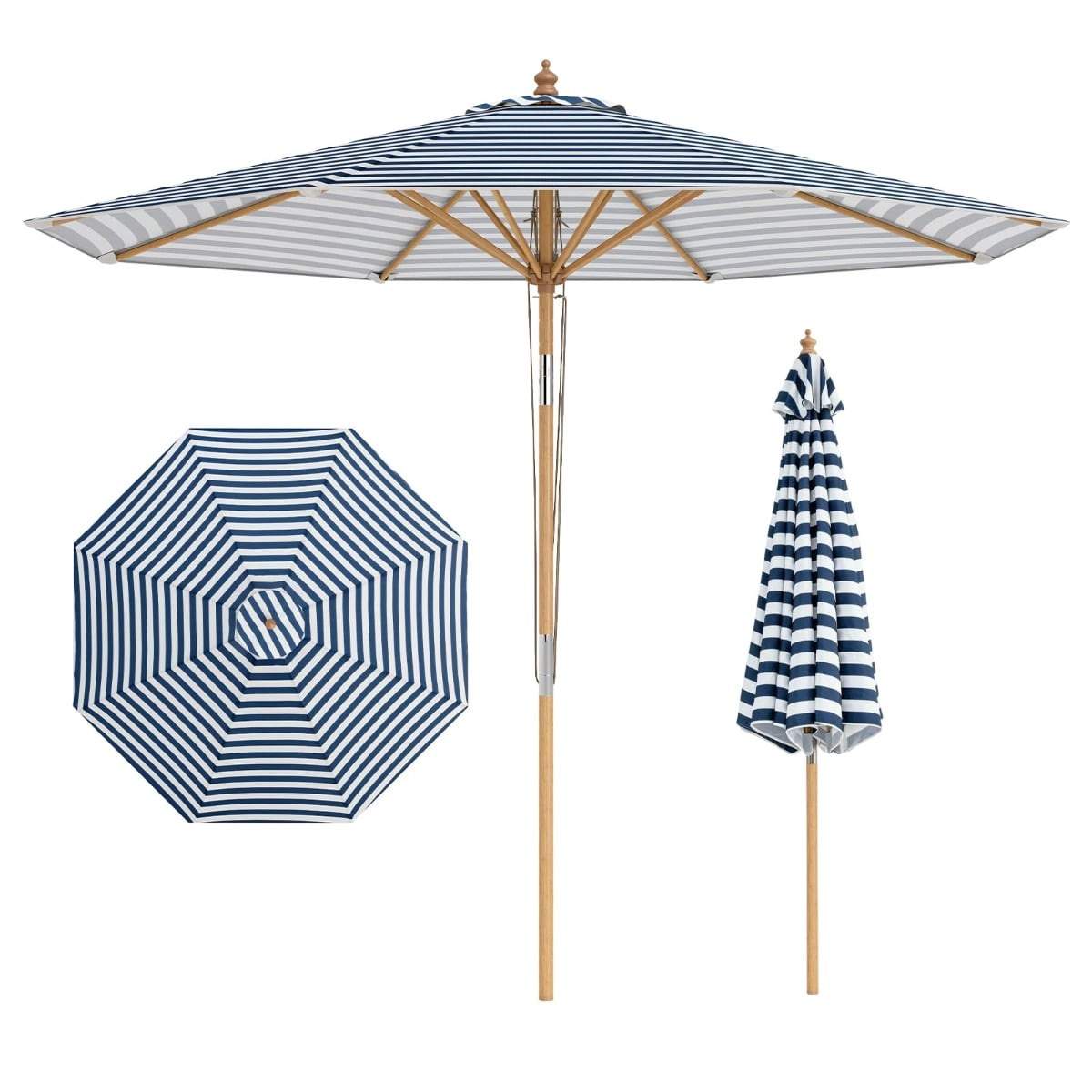 Blå & hvidstribet terrasseparasol – 270 cm, bambusramme