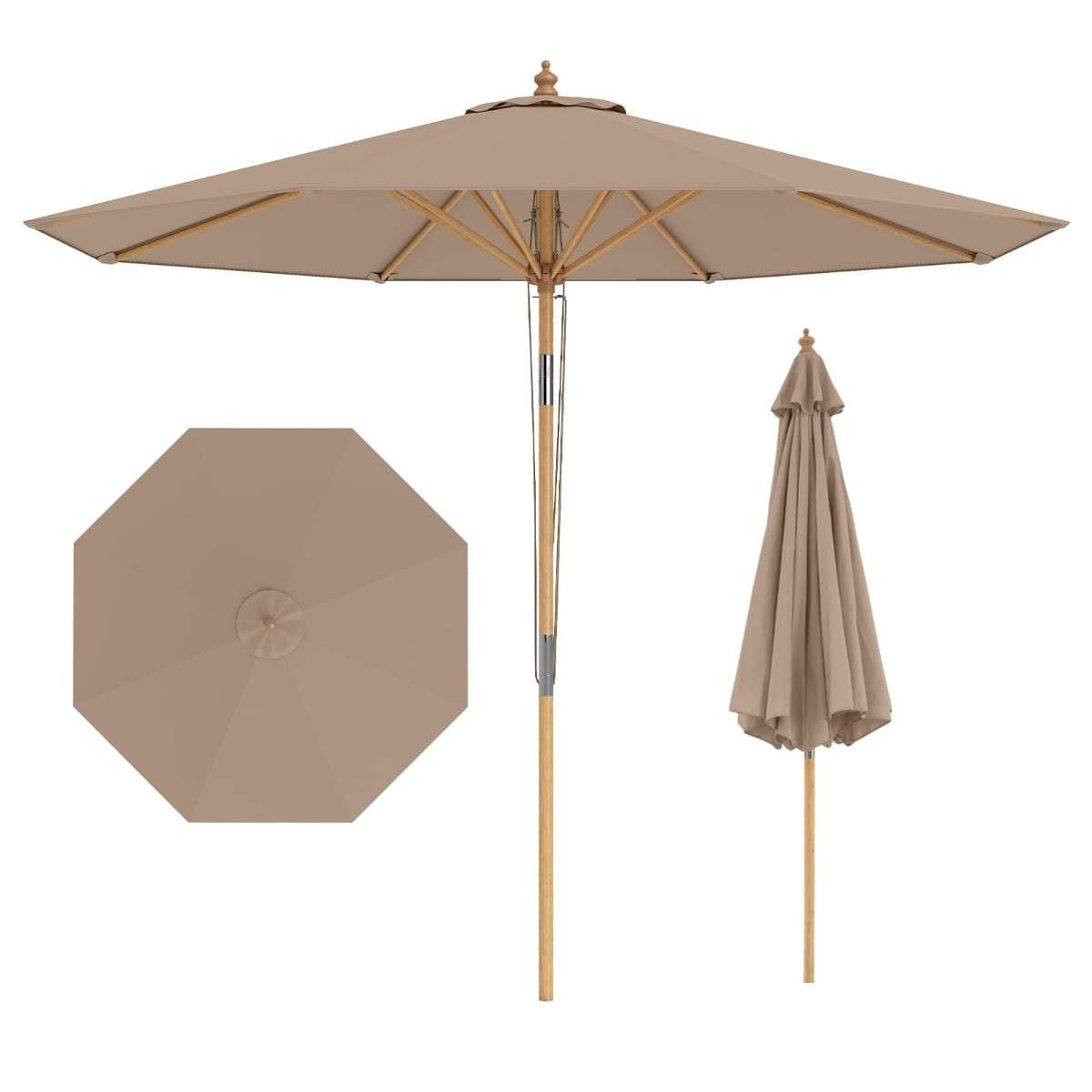 Khakibrun haveparasol – 270 cm, justerbar bambusramme