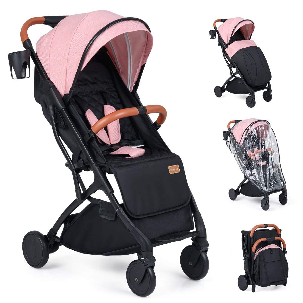 Sammenklappelig klapvogn med regnslag – lyserød, letvægts