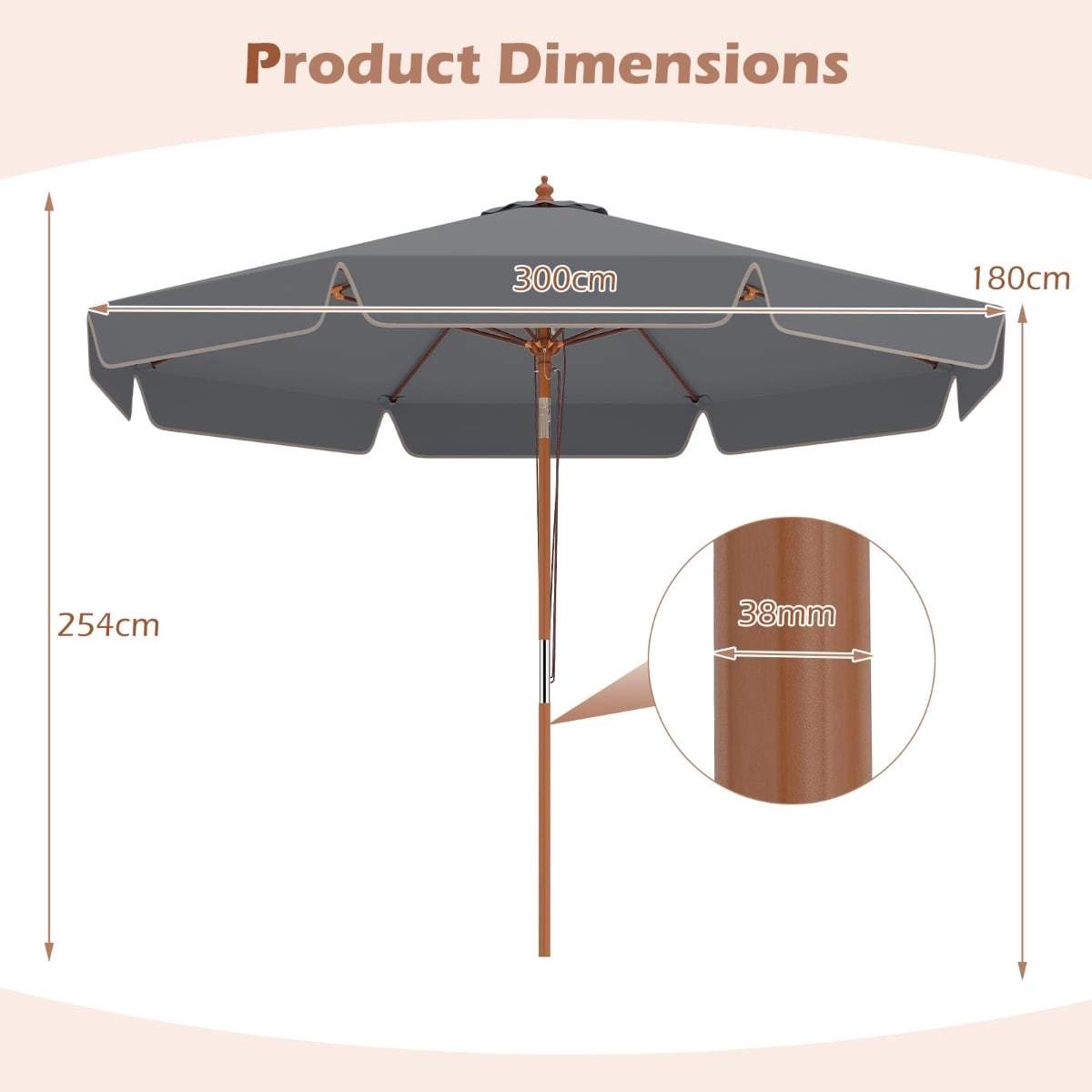 300 cm grå terrasseparasol – vipbar, ventilationsfunktion, glasfiber