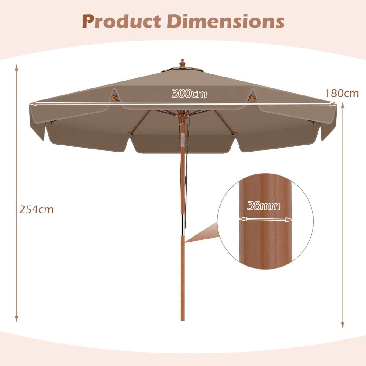 300 cm brun terrasseparasol med vippe- og træksystem