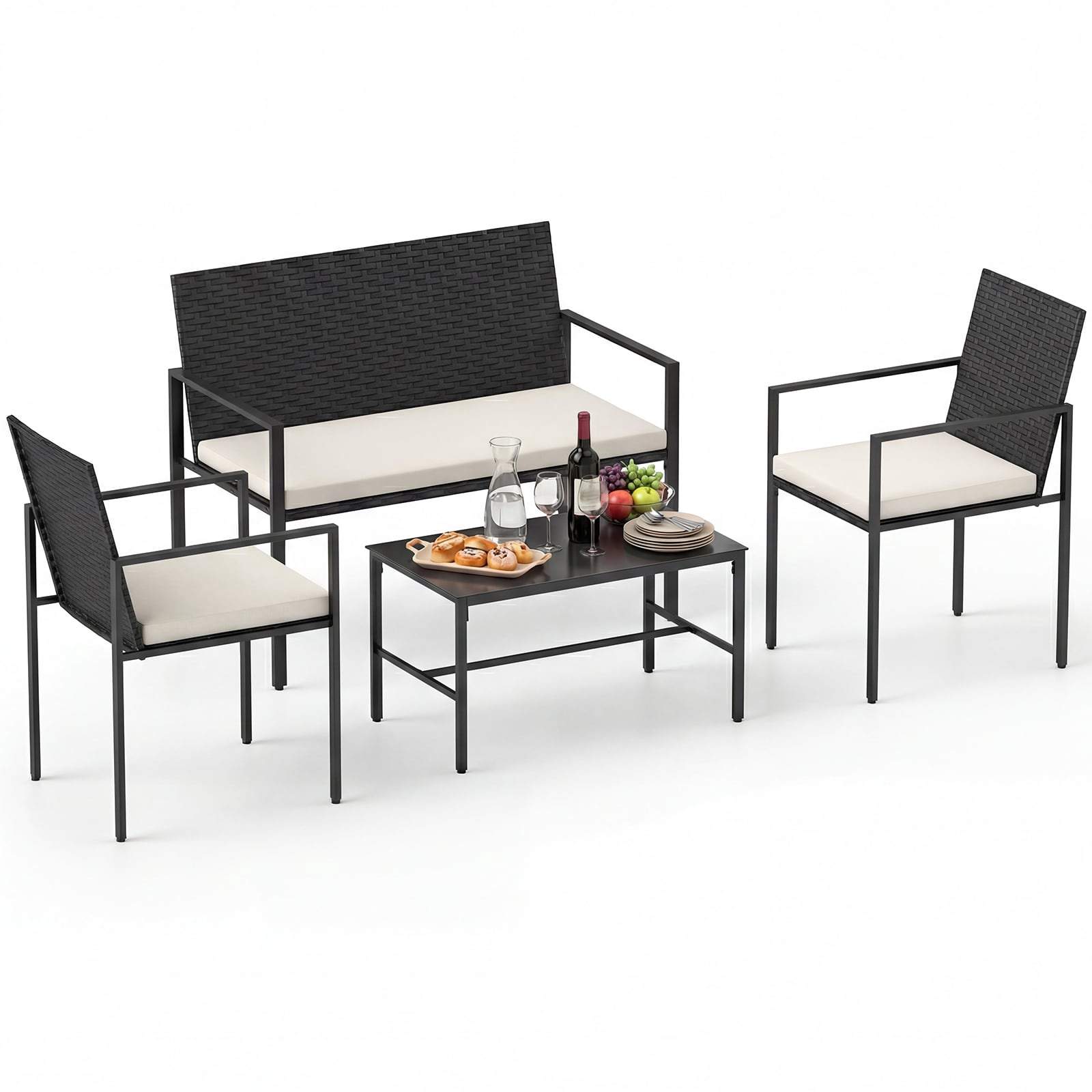 4-delt rattan havemøbelsæt med hynder og glasbord