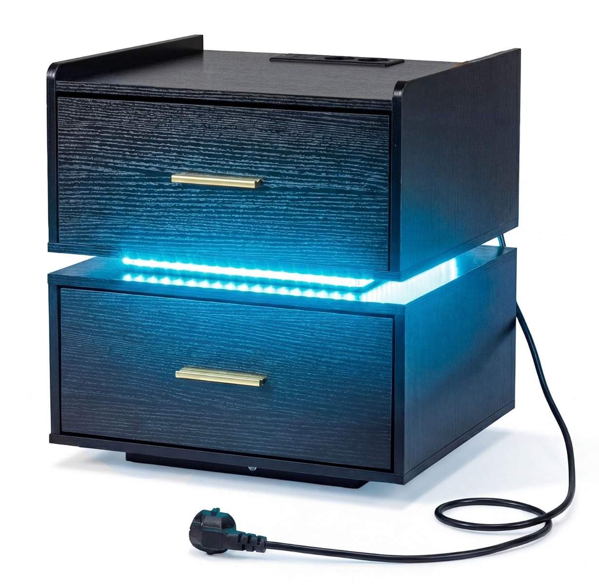 LED-natbord med ladestation – 2 skuffer, sort