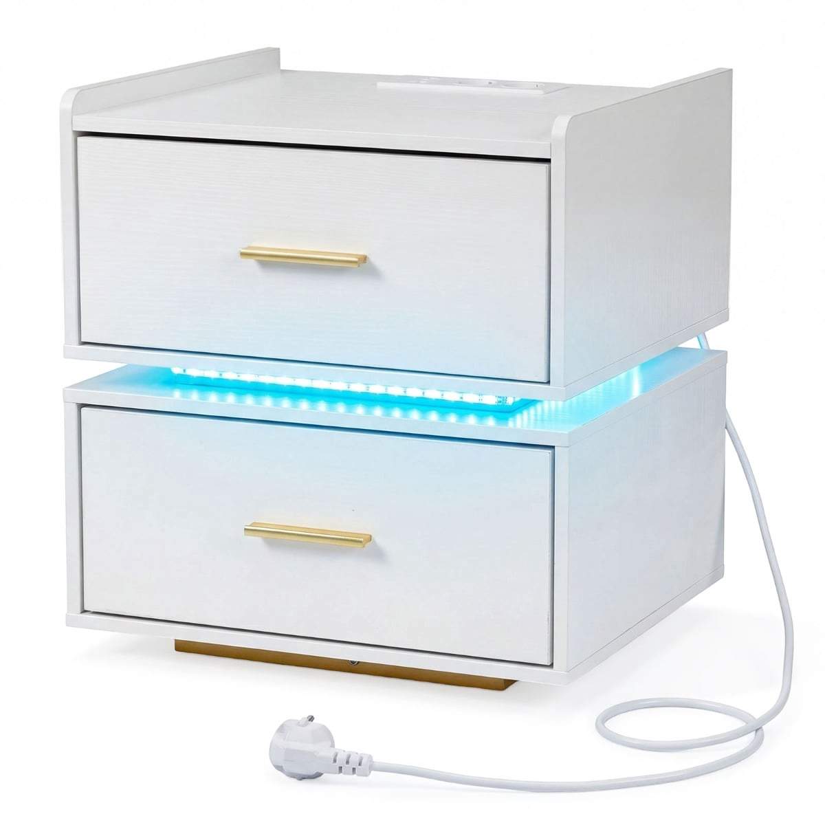 Natbord med LED, Ladestation, 2 Skuffer, Hvid
