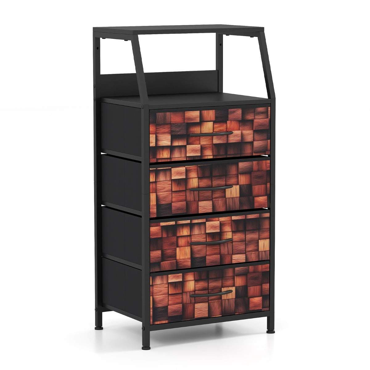 Industrielt natbord med 4 stofskuffer og åben hylde