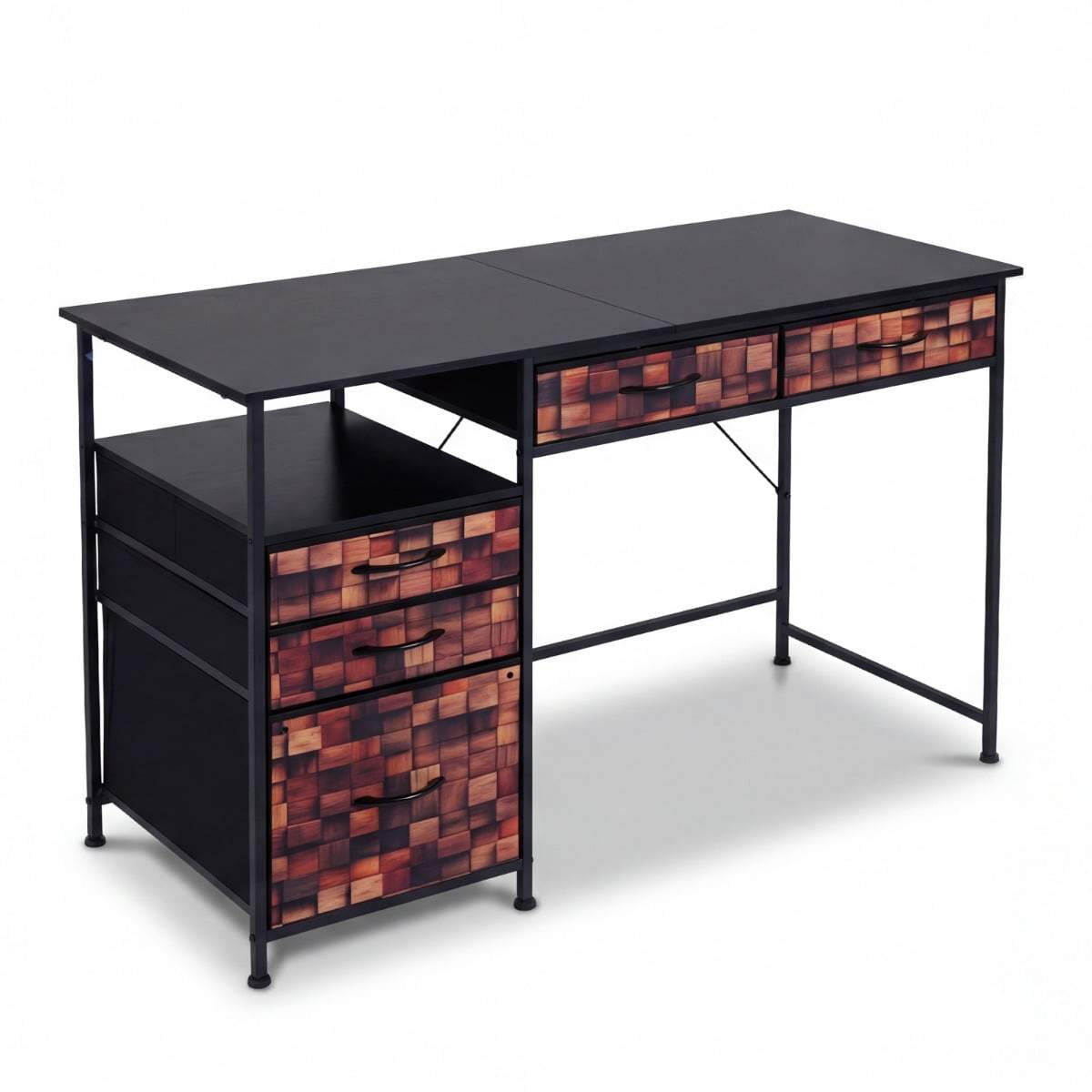 Skrivebord med 5 stofskuffer – Kompakt PC-bord, Brun