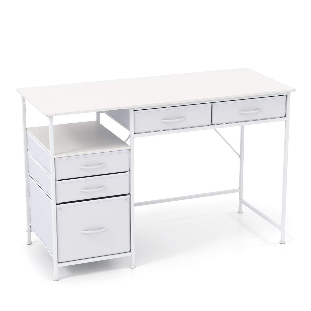 Hvidt skrivebord med 5 stofskuffer – Kompakt hjemmekontorløsning