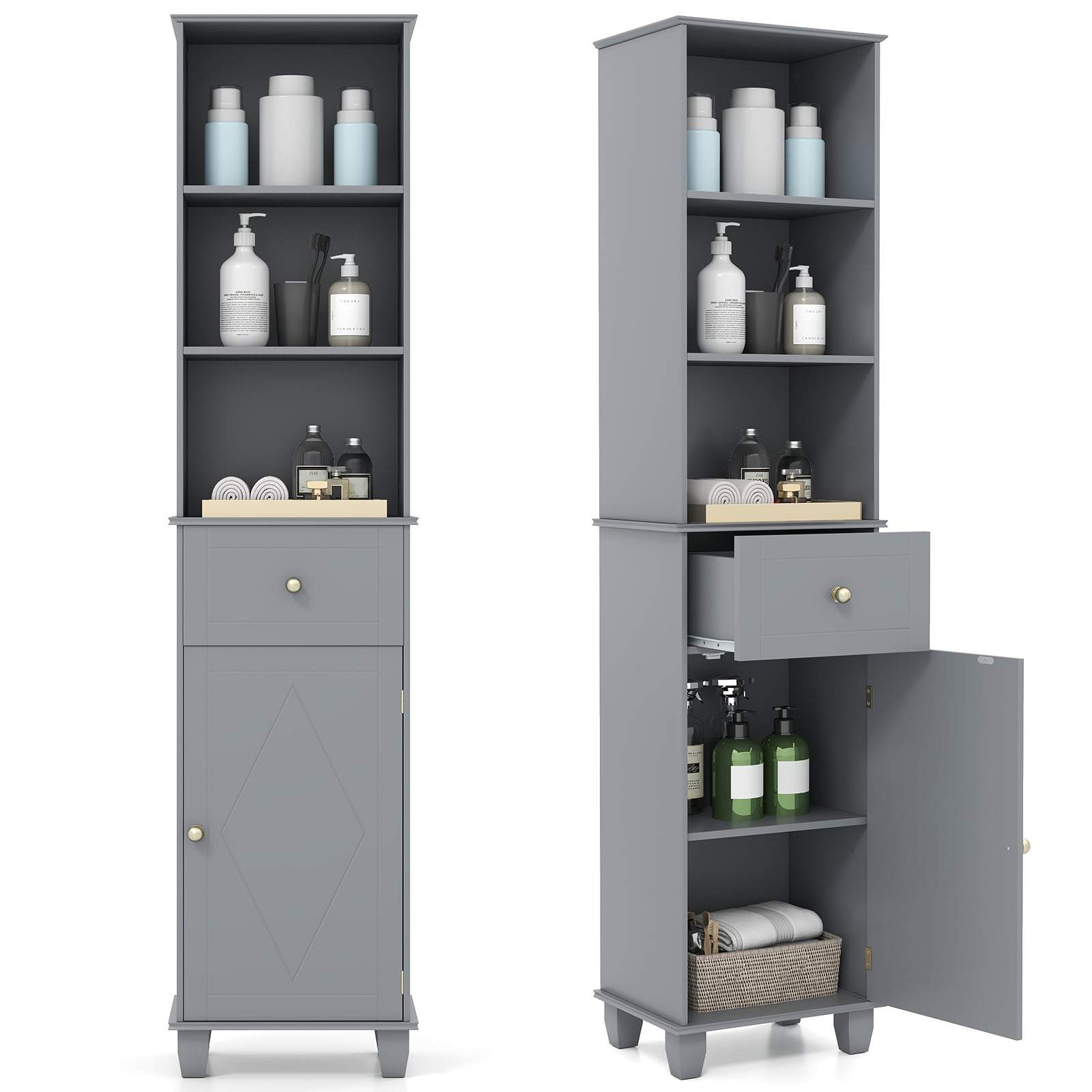 Højt gråt badeværelsesskab med hylder og skuffe