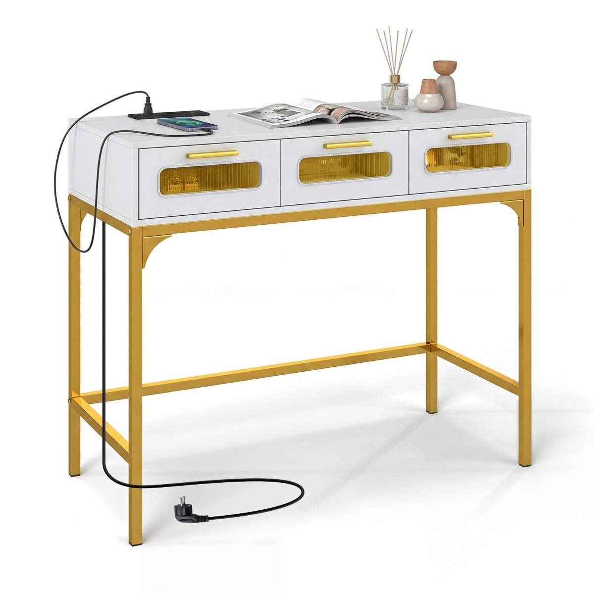 Konsolbord med LED-lys og ladestation – hvid