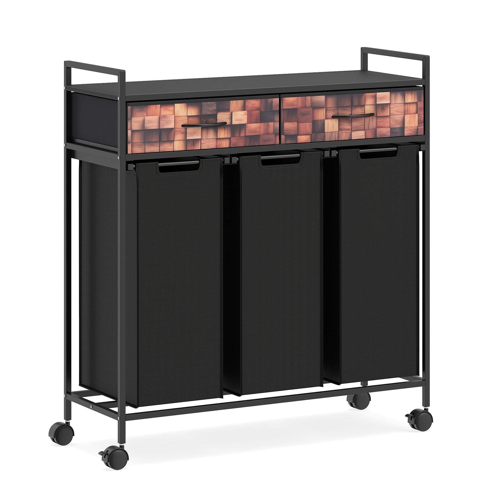 3-sektioners rullende vasketøjsvogn – 135L, sort og rustik brun