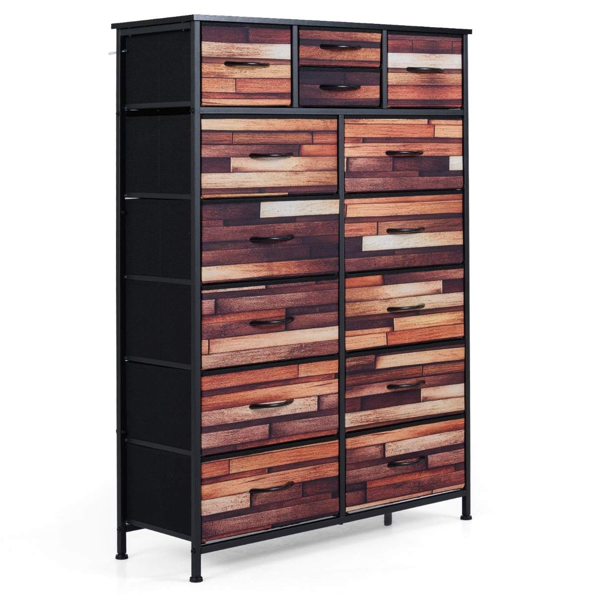 Høj kommode med 14 stofskuffer – træ- og metalstel