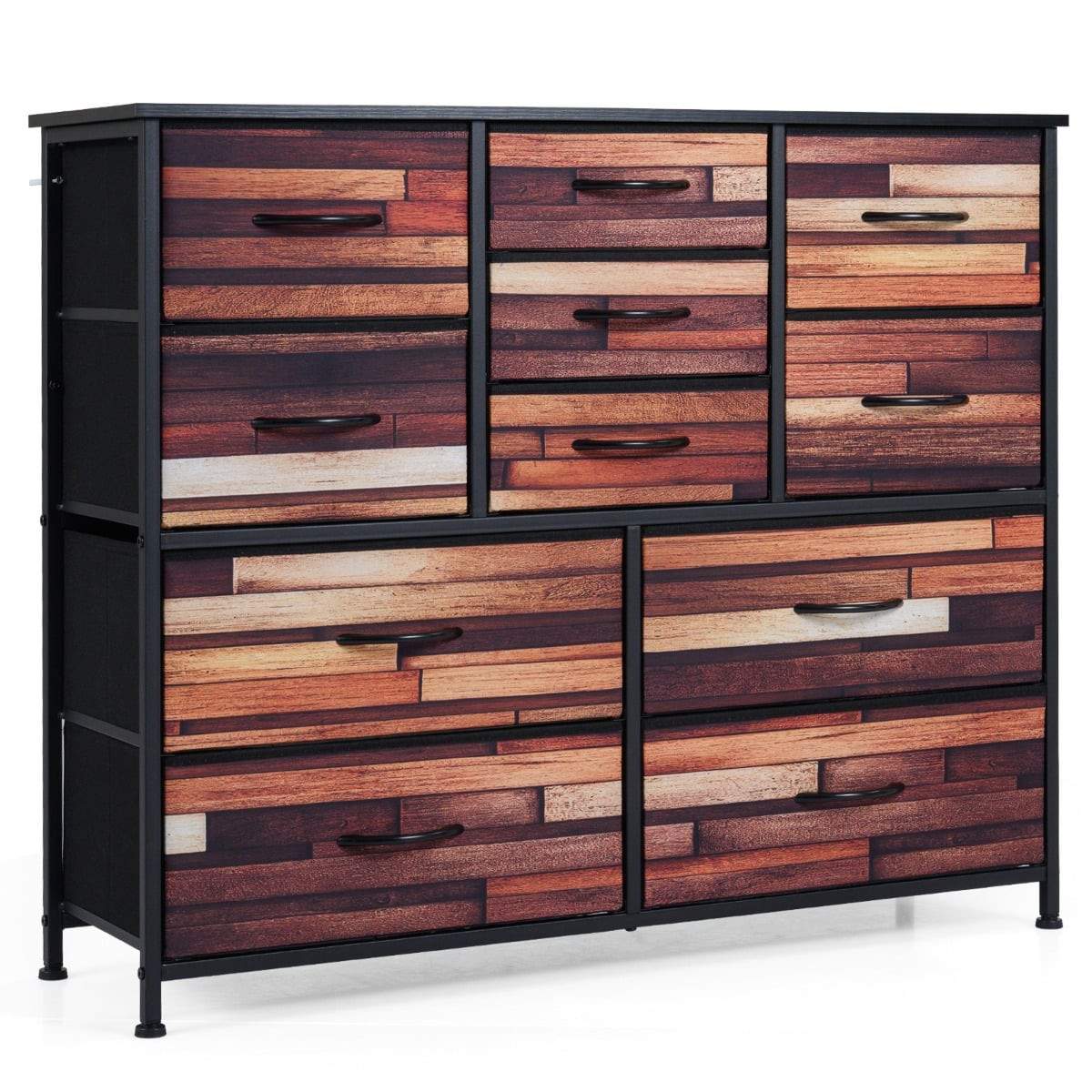 Høj kommode med 11 stofskuffer – træ- og metalstel