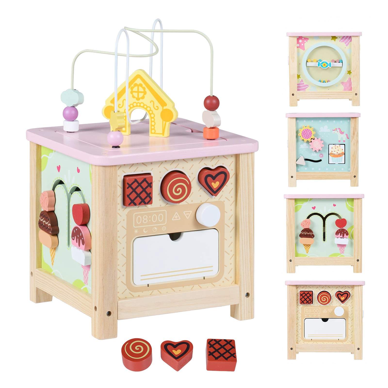 7-i-1 træaktivitetsterning med køkken og opbevaring