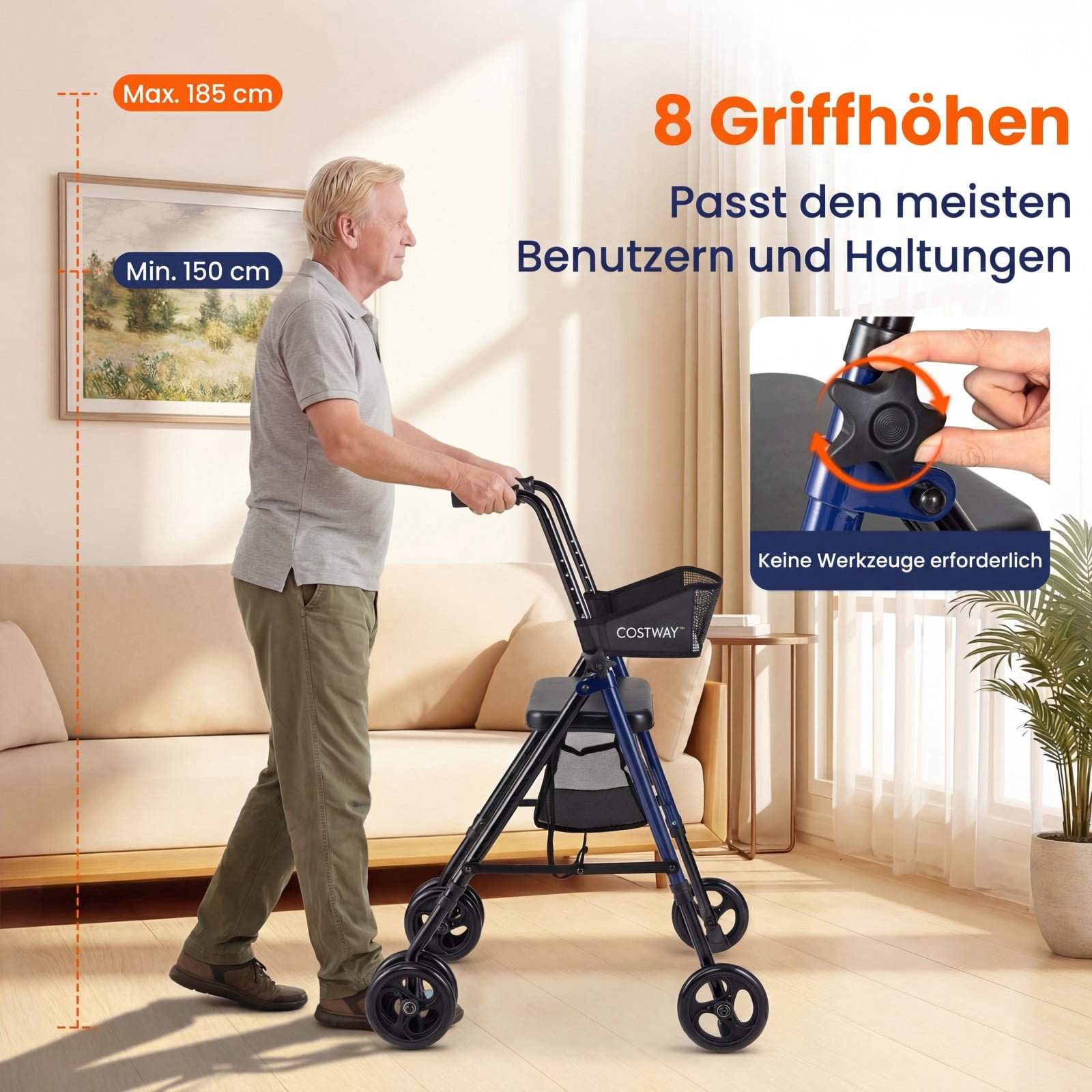 Sammenklappelig rollator med sæde, justerbar højde, blå