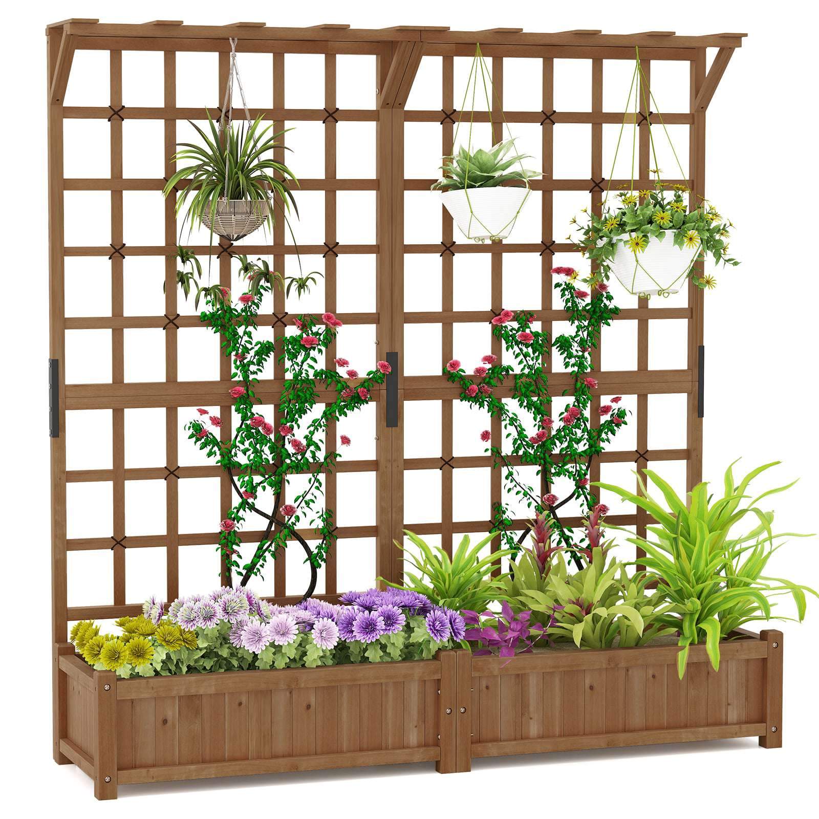 Træplantekasse med espalier og tag – brun