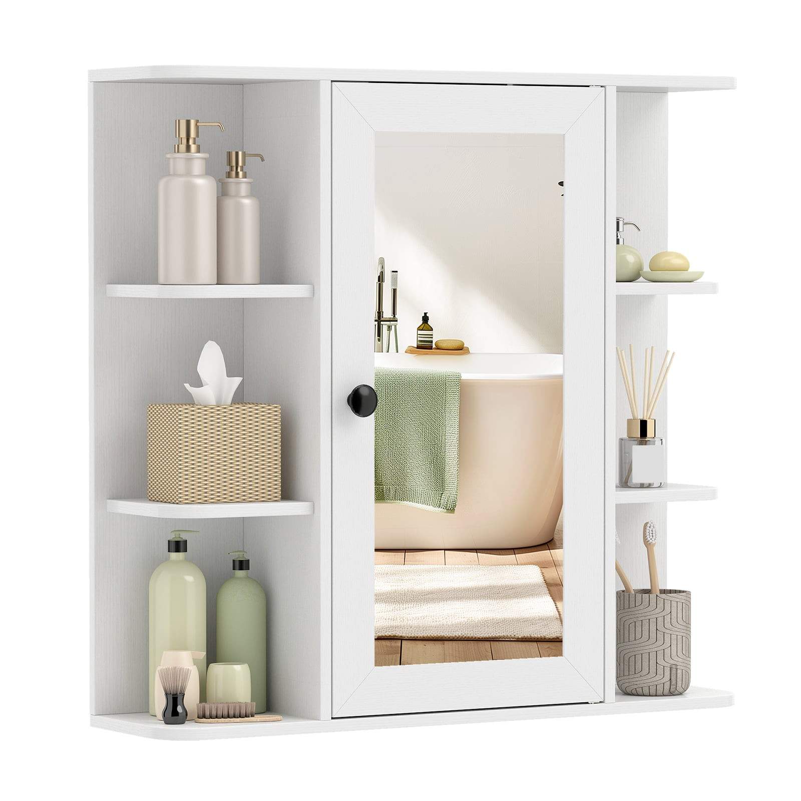 Spejlskab til badeværelse – 3 hylder og 6 åbne rum