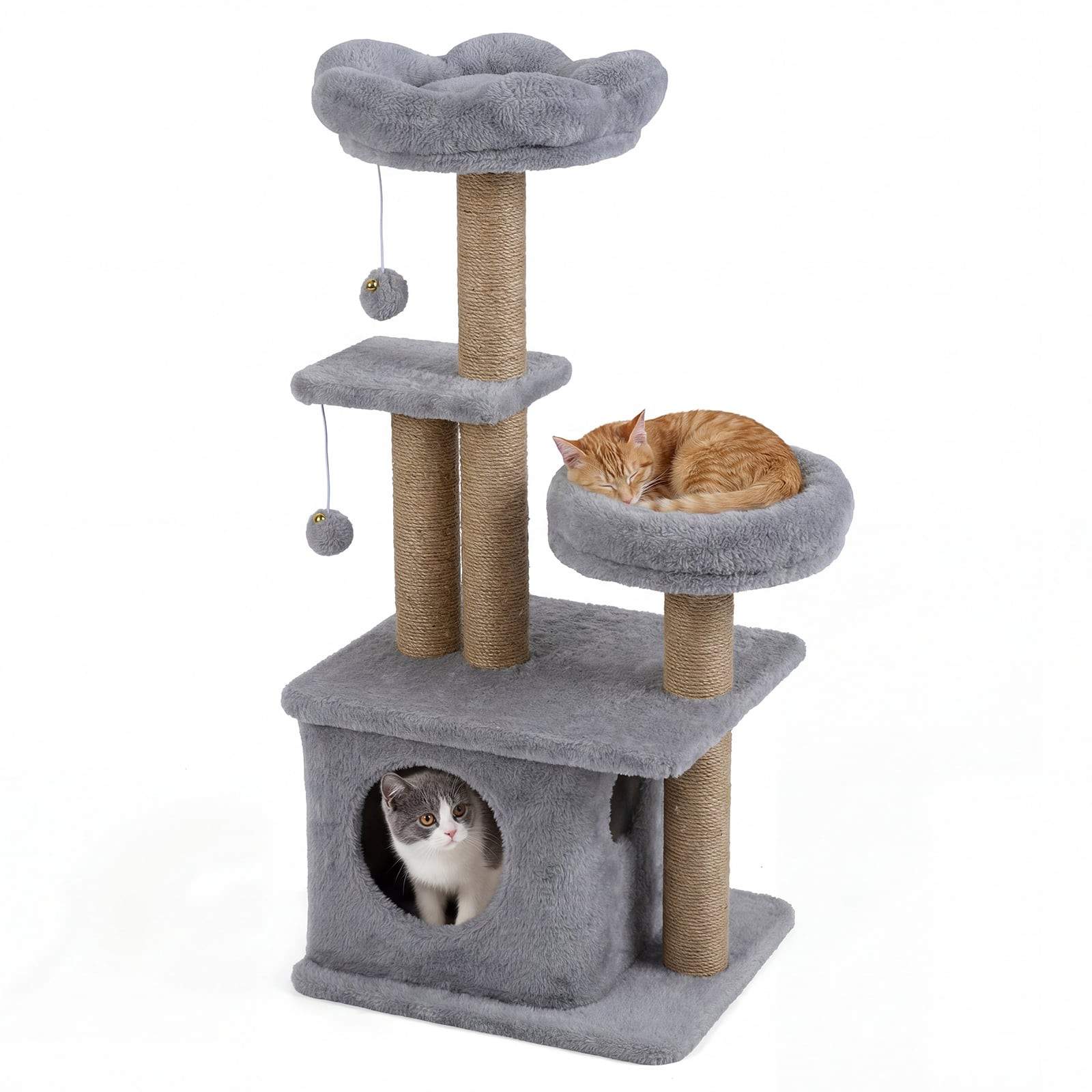 Kradsetræ med hyggeseng og legebolde – 96 cm, grå