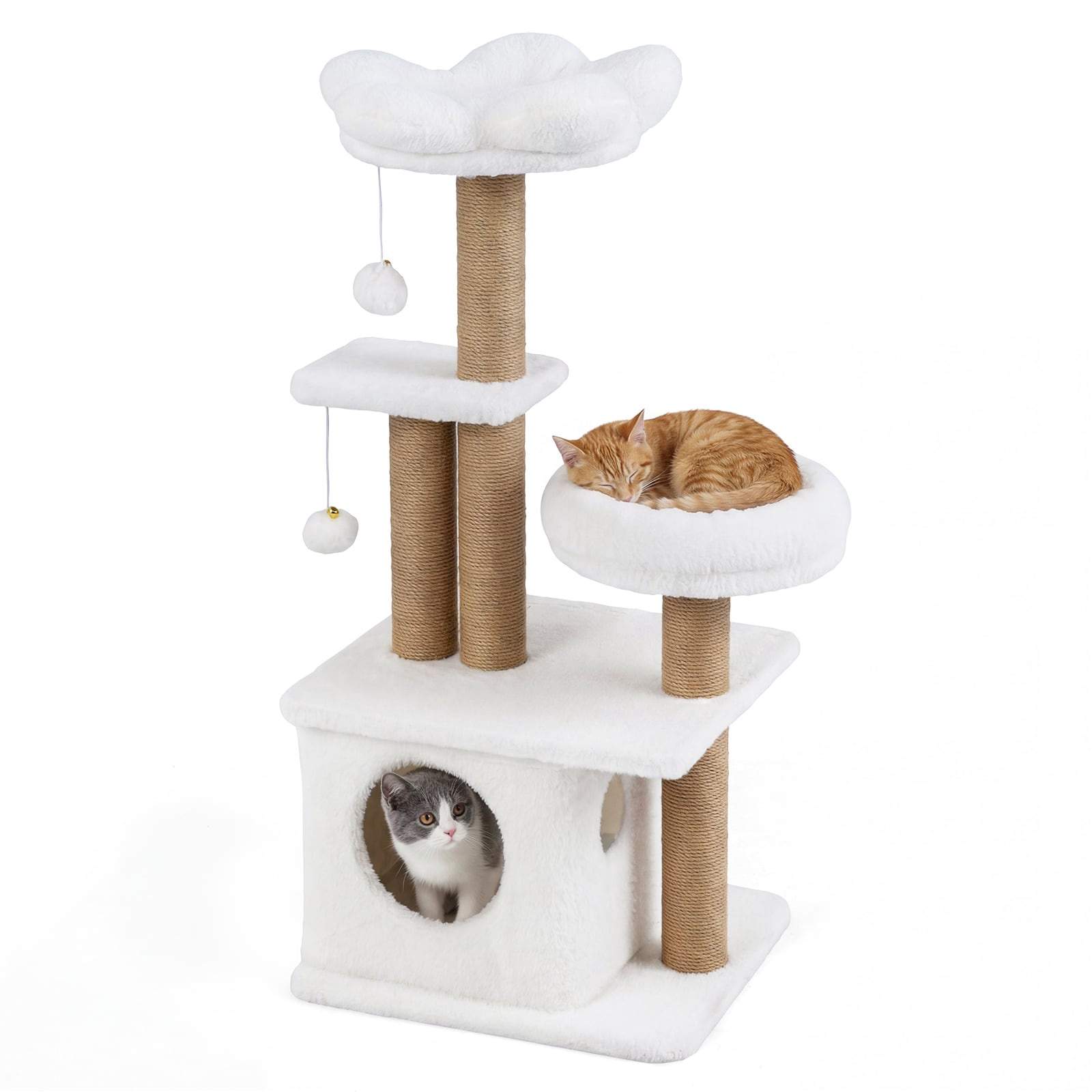 Kradsetræ med hyggeligt hus, platform og legetøj – 96 cm beige