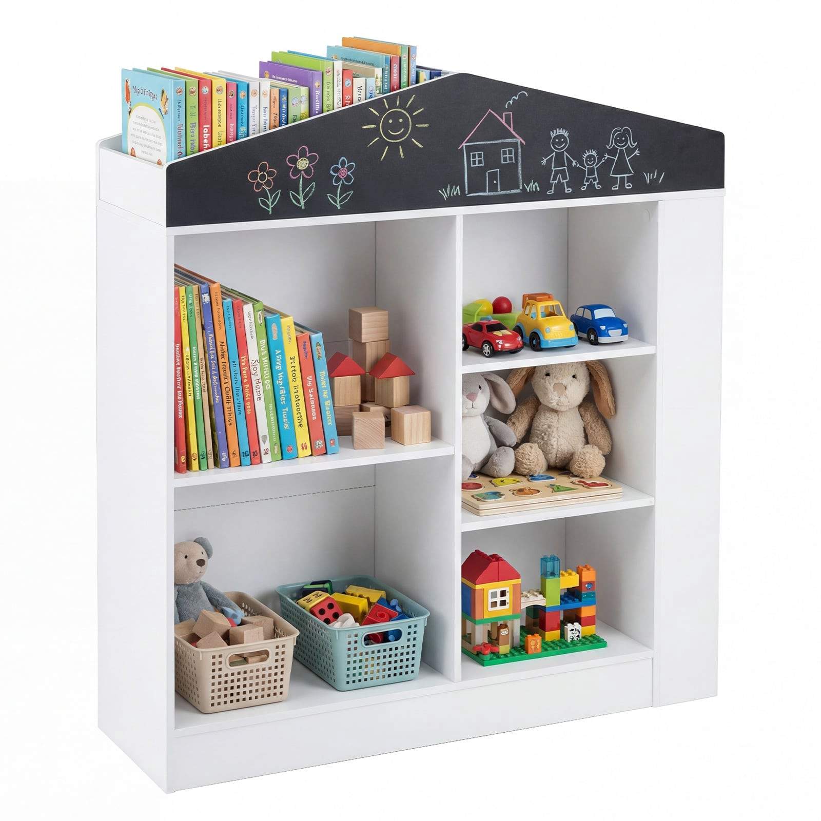 Børnehusformet bogreol med tavle og 11 hylder