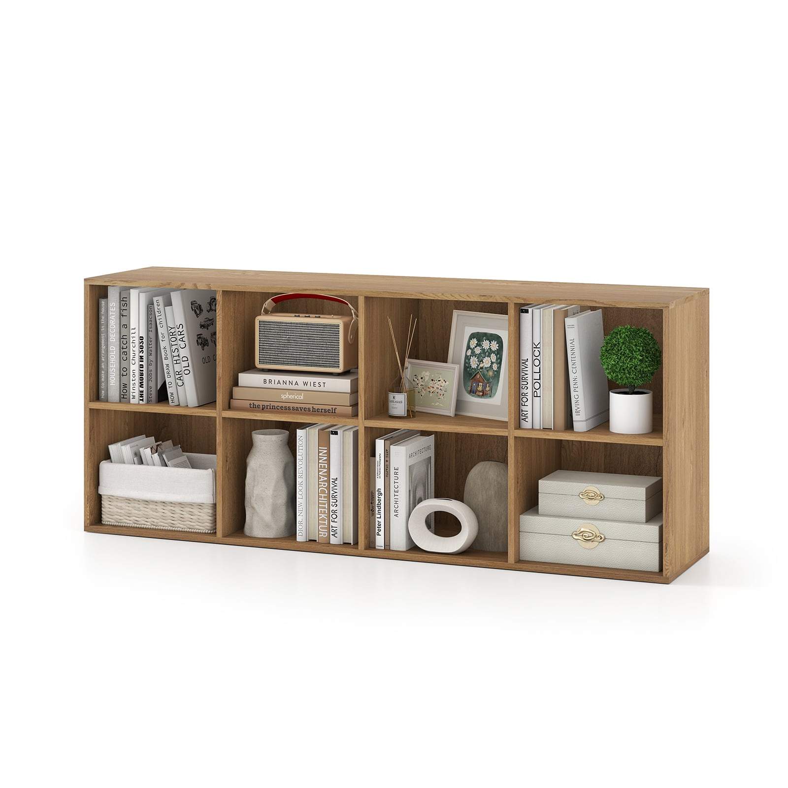 Fritstående bogreol med 8 hylder og skridsikre puder