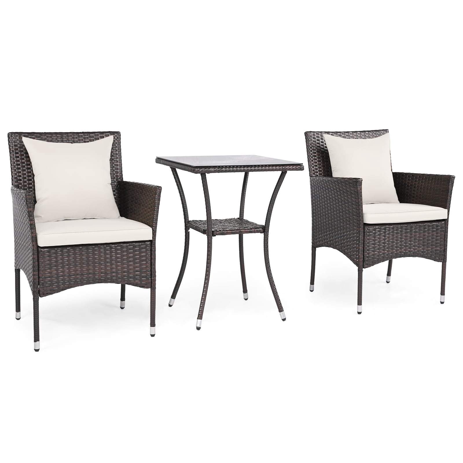 3-delt rattan terrassemøbelsæt – stole, glasbord, hynder