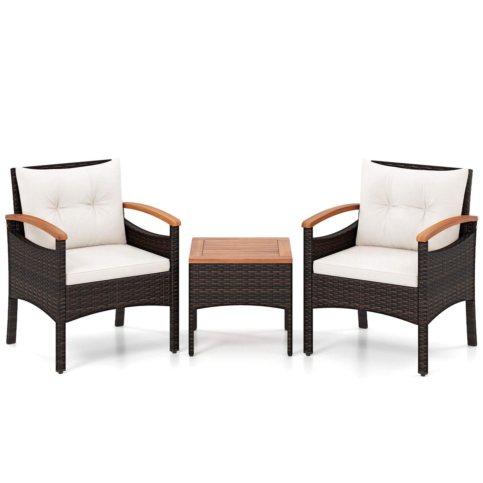 3-delt rattan havemøbelsæt med akaciebord og hynder