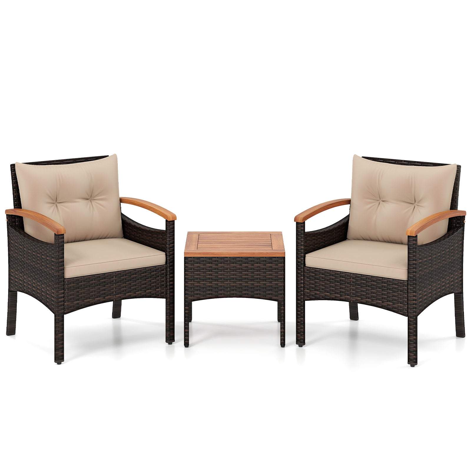 3-delt rattan havemøbelsæt med hynder og akaciebord