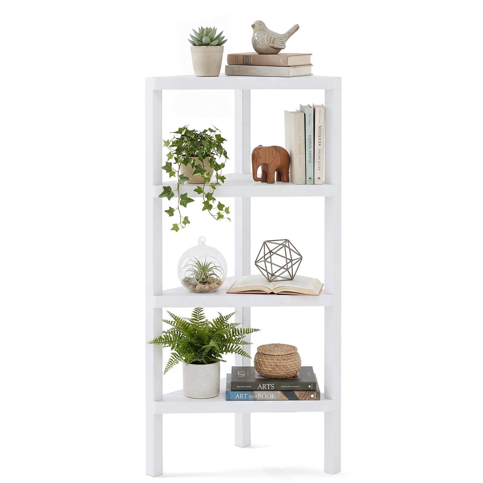 Hjørnebogreol – 4-lags åben lameller hvid opbevaringsenhed