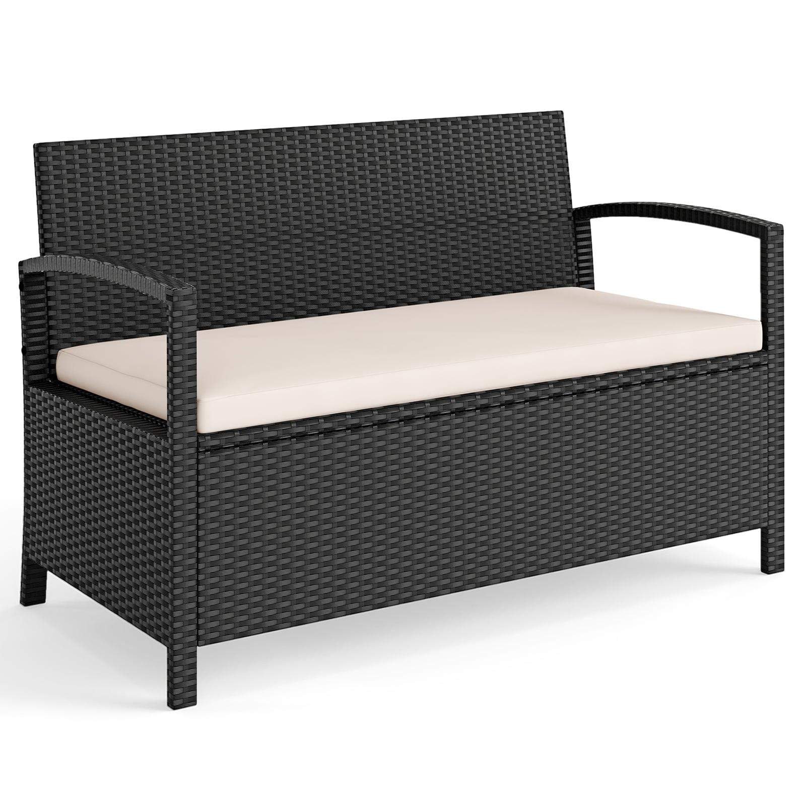 Udendørs opbevaringsbænk i rattan med hynde – 160 liters kapacitet