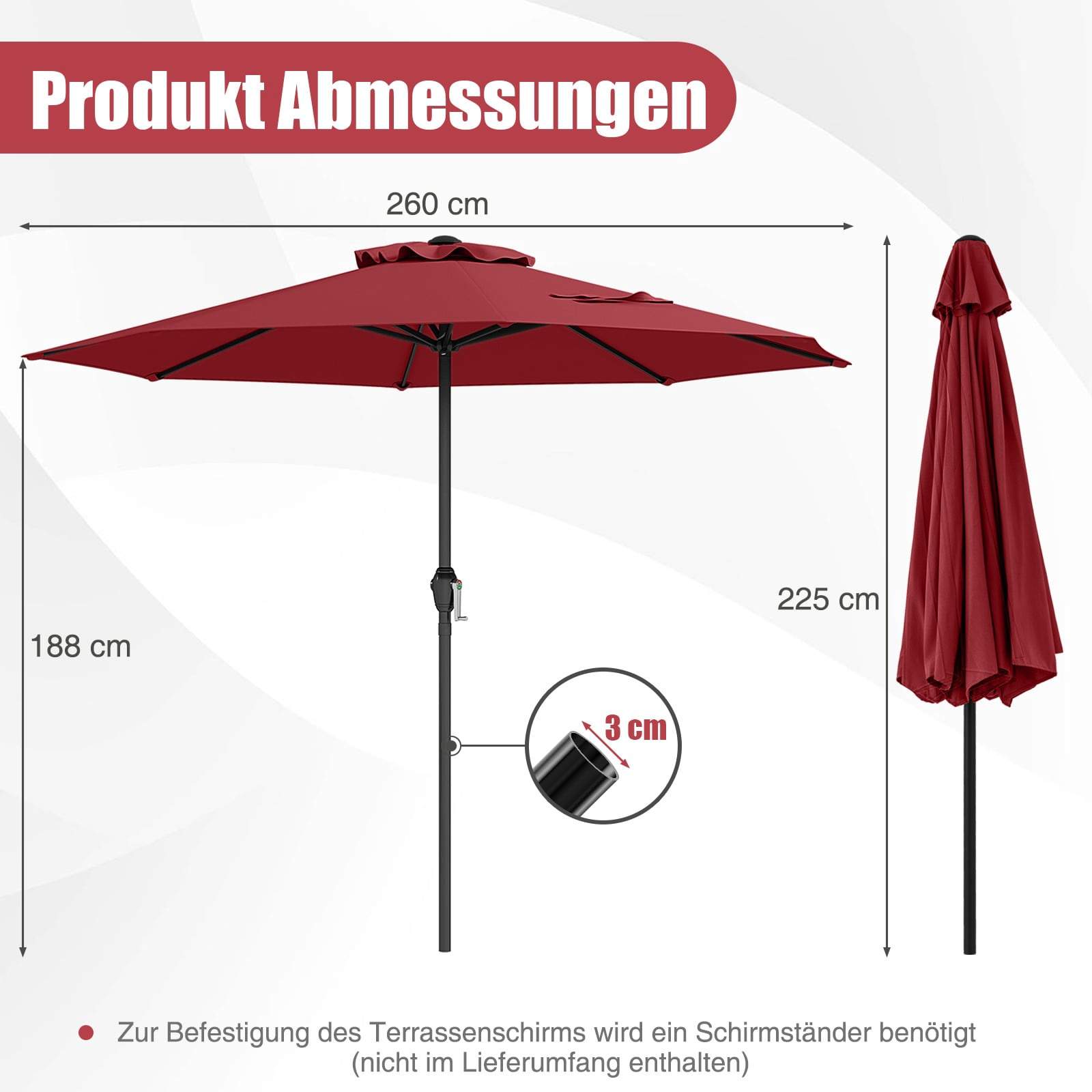 Rød terrasseparasol 250 cm – Holdbart design, der er let at dreje