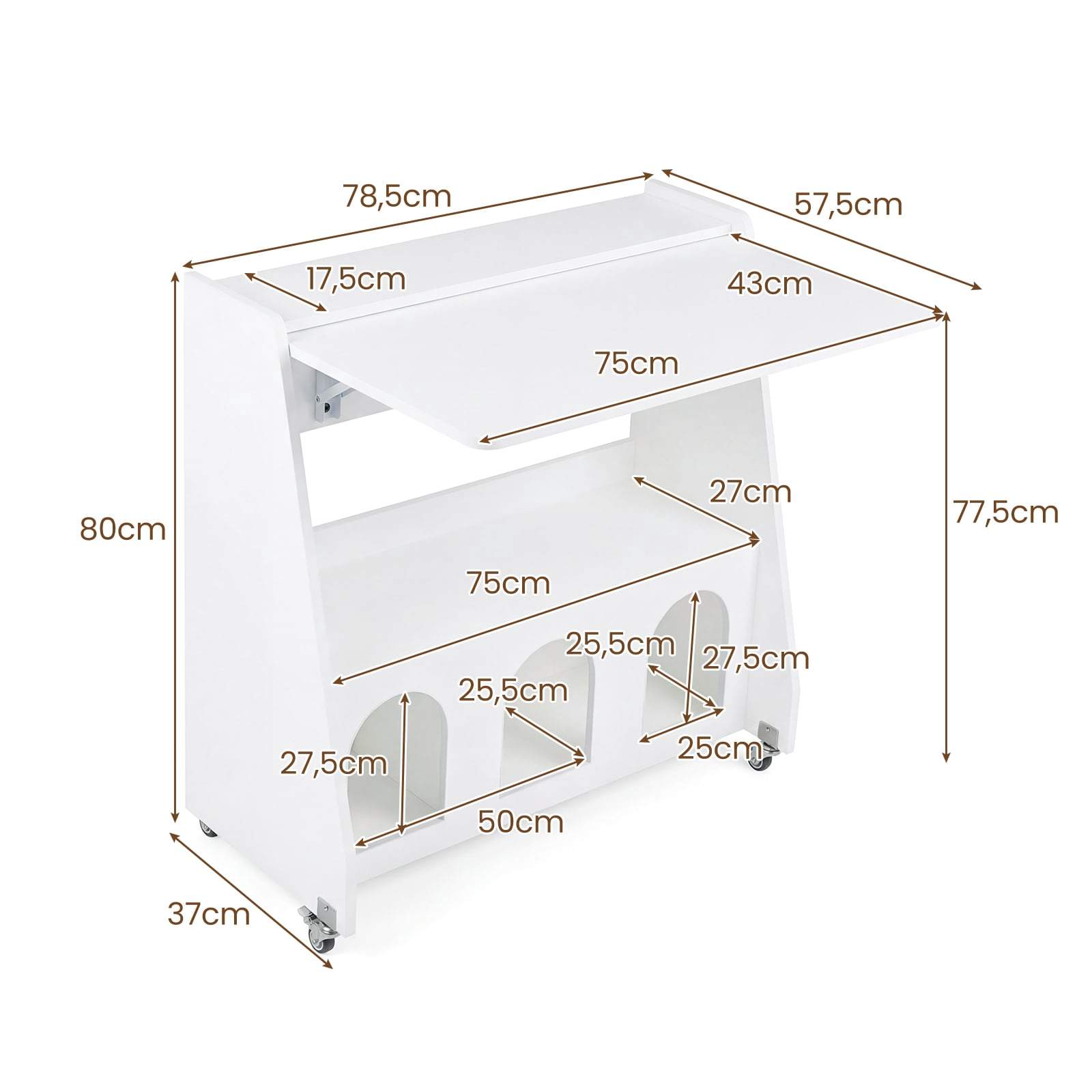 Pladsbesparende hvidt skrivebord med sammenklappelig bordplade og hjul
